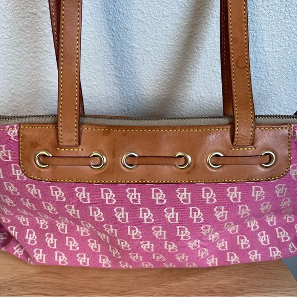 Vintage Dooney & Bourke Pink Monogram Satchel Canvas Tassel Handbag - Picture 8 of 15